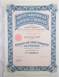 Акция Societe Industrielle des Schistes et Derives, 100 франков, Франция